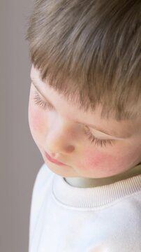 Child boy face with redness and rash symptoms, allergy and dermatitis concept in healthcare, pediatric diagnosis of skin irritation including viral infection and erythema infectiosum signs. 