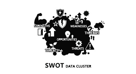 Obraz premium SWOT analysis data cluster infographic with strengths weaknesses opportunities threats in black and white modern design