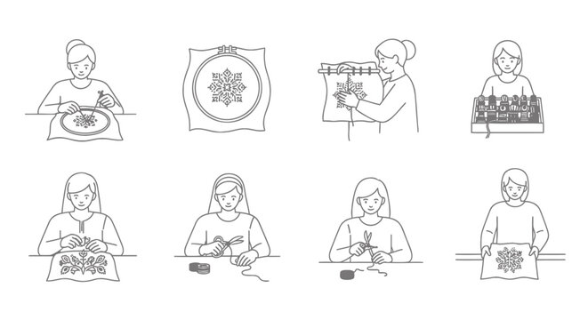 Set of 8 sewing icons vector, illustrations of people sewing
