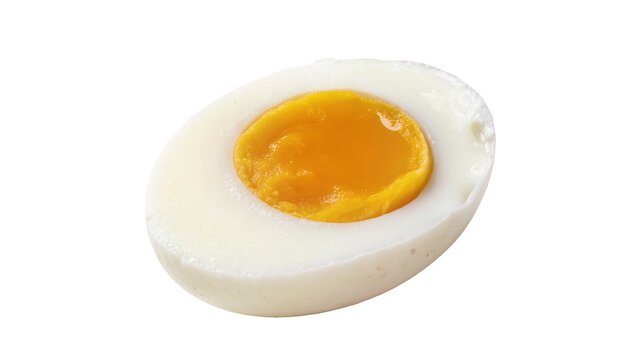 Perfectly cooked hard-boiled chicken egg cut in half, revealing a vibrant yellow yolk and firm white, isolated PNG on transparent background, healthy breakfast food ingredient