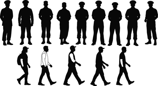Silhouettes of people standing and walking in varied postures, diverse attire, vector illustration for animation, design, and movement studies