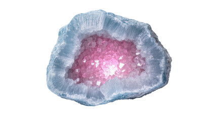 Fototapeta premium Stunning blue and pink crystal geode, a beautiful natural mineral formation with sparkling magenta quartz, isolated PNG on transparent background