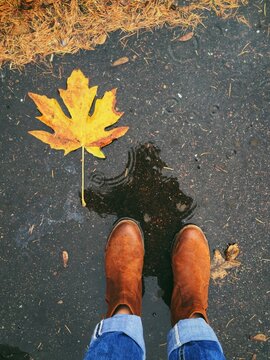 Overhead view of a Woman in jeans and ankle boots and a reflection of her in a puddle holding an autumn leaf