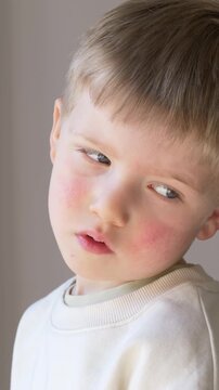 Boy with red cheeks and rash looking aside, allergy and dermatitis symptoms in pediatric healthcare, viral infection and skin irritation visible on child face for medical diagnosis concept. 