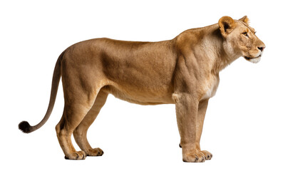 Obraz premium Majestic African lioness standing gracefully, full body side view isolated PNG on transparent background, powerful wild animal