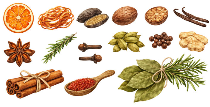 A beautiful collection of watercolor winter spices, featuring cinnamon sticks, star anise, vanilla pods, dried orange slices, and aromatic herbs, isolated on a transparent background.