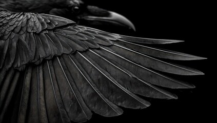Fototapeta premium Close-up view of raven?s wing with dark feathers against a black background