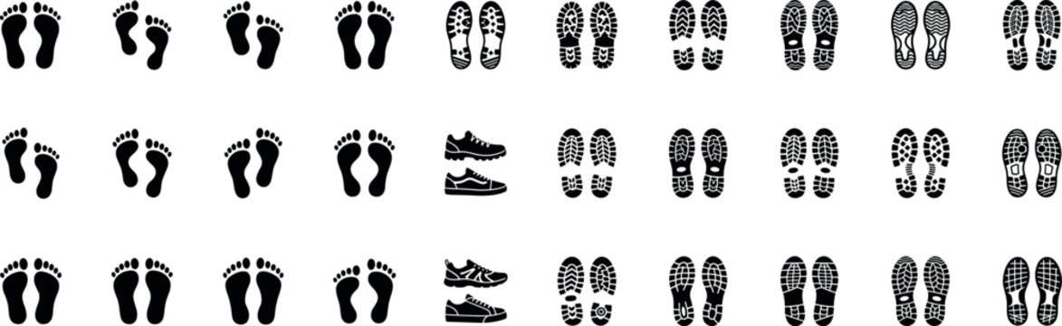 footprints and shoe sole icon set, vector silhouettes of human feet, sneakers and boot tread prints isolated on transparent background