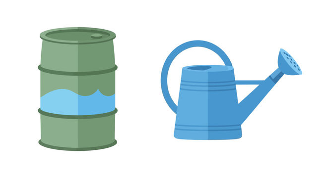 Rain Water Harvesting Illustration with Green Storage Barrel and Blue Watering Can Isolated on White Background