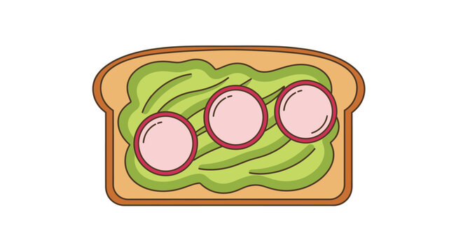 Flat Vector Illustration of Healthy Avocado Toast with Sliced Radishes. Minimalist Design of Nutritious Vegan Breakfast or Brunch Snack Isolated on White Background.