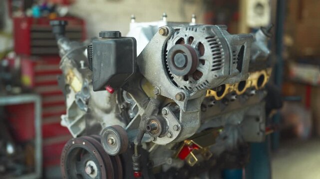 Close up of rusty, dusty, and greasy internal combustion engine parts