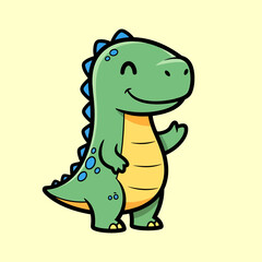 Fototapeta premium Cute green cartoon dinosaur waving hello, a friendly character illustration
