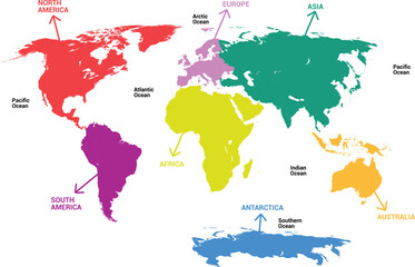 Obraz premium World map illustration showing continents and oceans, featuring clear geographical boundaries, modern flat design, ideal for educational purposes, travel graphics, infographics, and global visuals