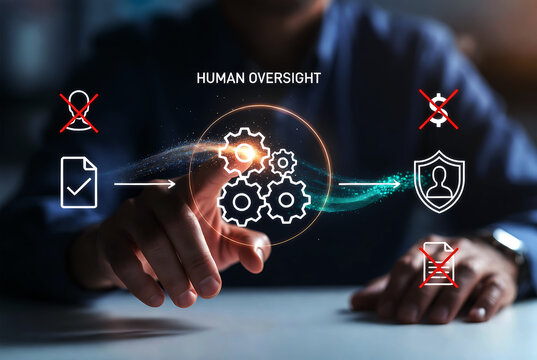 Human oversight in automation and artificial intelligence process, person managing gears and data flow, maintaining quality control, and preventing errors and fraud