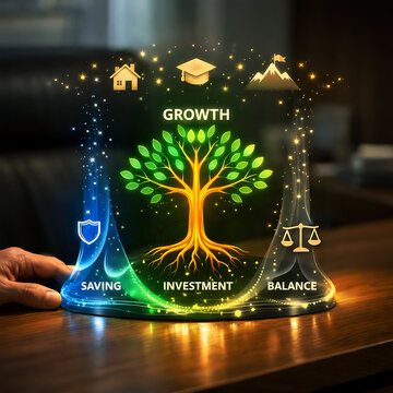 Shiny transparent glass-like structure with glowing icons representing saving investment and balance forming a conceptual image for financial growth and stability