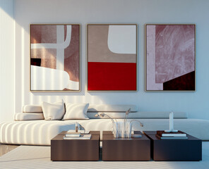 Naklejka premium Large luxury modern bright interiors Living room mockup illustration 3D rendering Generated Color Image