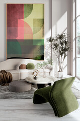 Naklejka premium Large luxury modern bright interiors Living room mockup illustration 3D rendering Generated Color Image