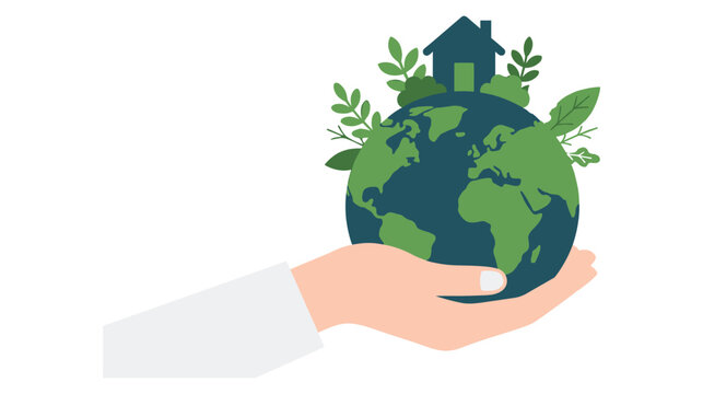 Human hand holding earth globe with green plants and house icon flat