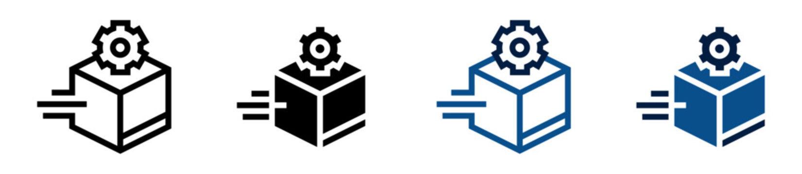Iconos de log&iacute;stica automatizada. Caja con engranaje en movimiento. Procesos autom&aacute;ticos de distribuci&oacute;n. Ilustraci&oacute;n vectorial