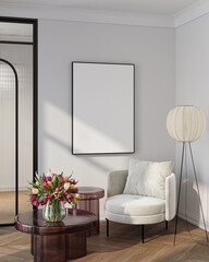 Plakat Modern Living Room Poster Frame Mockup with Natural Light and Minimalist Decoration. 3D render.