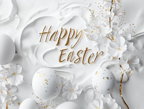 Happy easter greeting card with white and gold eggs and cherry blossoms
