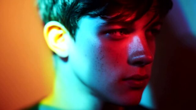 Portrait of a Young Man with Colorful Lighting Effects