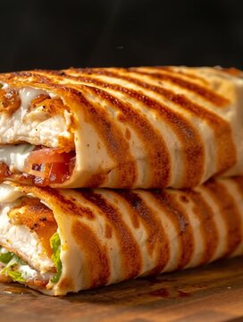 Delicious grilled chicken wrap with melted cheese and bacon