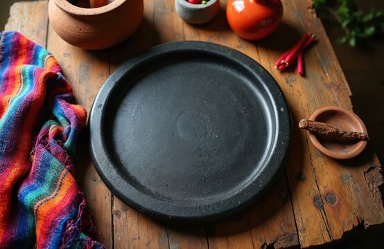 Rustic wooden table holds black stone comal plate with colorful fabric. Clay pot, molcajete, and spices nearby. Traditional Mexican kitchen setting for gastronomy.