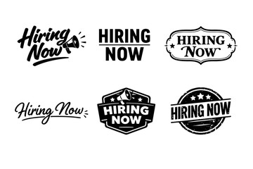 Obraz premium Variety of hiring now logos in black and white for recruitment marketing