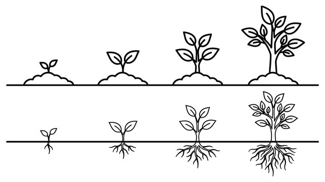 Plant growth stages, sprout, seedling, sapling evolution set, isolated line art