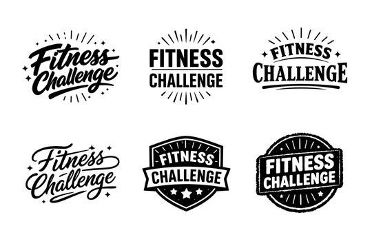 Six unique fitness challenge logos featuring vintage and modern typography styles
