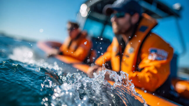Rescue team riding a speedboat in orange life jackets with dramatic water splash, conveying emergency response and marine safety