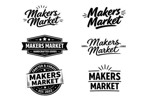 Vintage-style makers market logos designs featuring handcrafted elements