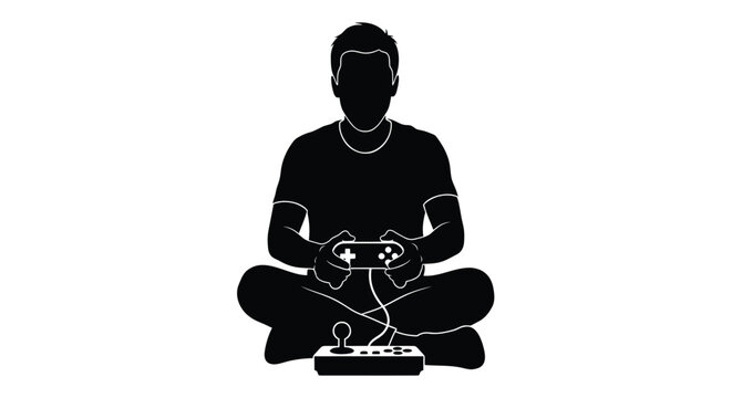 Black silhouette of a man sitting cross-legged with a gaming controller