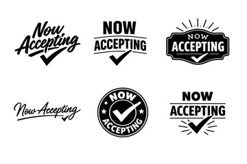 Fototapeta premium Six black and white 'now accepting' logos with checkmarks and decorative elements
