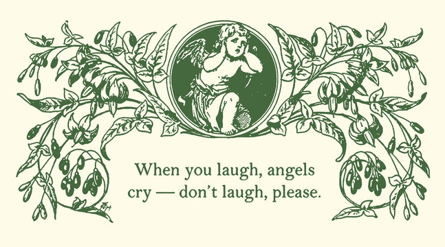 Classic vector graphic illustration featuring a sorrowful cherub surrounded by a delicate floral border, conveying a poignant message of emotional depth and nostalgic artistic design.