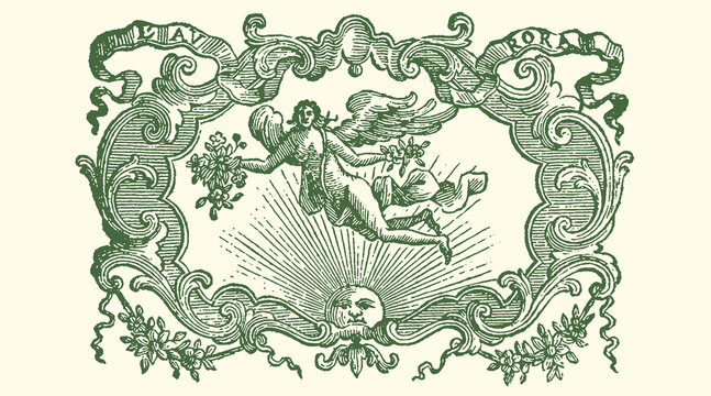 Antique green vector illustration featuring a winged classical figure emerging above a stylized sun within an ornate baroque cartouche design