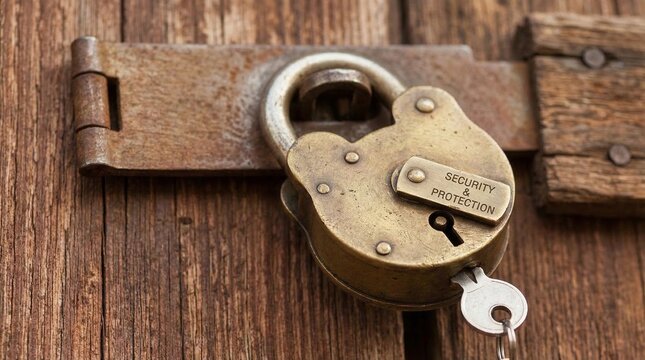 Old metal padlock attached to wooden door symbolizing protection, privacy, safety, and secure access concept.