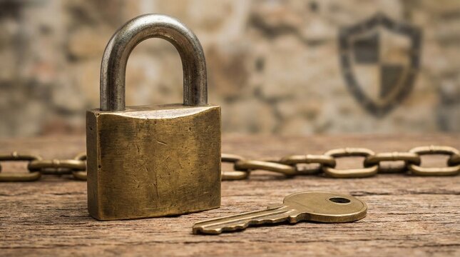 Close-up of padlock with key and chain on wooden surface representing security, data protection, privacy, and safety concept.
