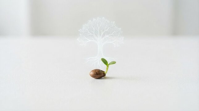 Young green sprout emerging from seed on clean background symbolizing growth, sustainability, new life, and environmental concept.