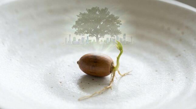 Conceptual image of seed sprouting with tree shadow reflection representing growth, future potential, sustainability, and environmental development.