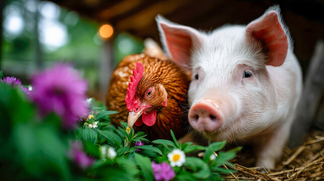 Cute piglet and hen resting together in green grass with yellow flowers on a peaceful farm