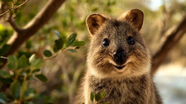 Quokka smiling in natural habitat near bushes
