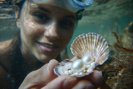 Ama Diver Retrieves Large Pearl From Shell Underwater in Japan