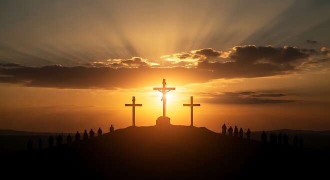 Easter friday crucifixion scene at sunset with three crosses