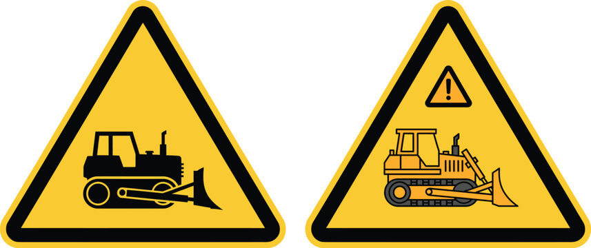 Roadwork ahead warning signs with construction vehicles