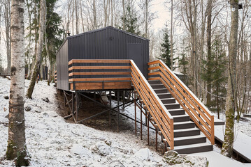 Fototapeta premium Snowcovered steps rise towards inviting cabin entrance amidst trees