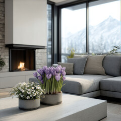 Fototapeta premium Modern living room with large window, mountain view, cozy fireplace, gray sofa, and fresh flowers on coffee table create peaceful atmosphere
