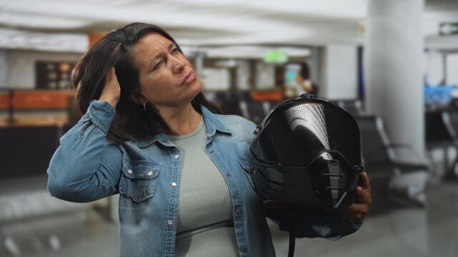 Woman holding motorcycle helmet and touching hair in airport terminal while she adjusts the visor and gazes upward; quiet contemplation.