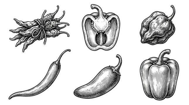 A collection of hand-drawn pepper illustrations in various shapes and sizes